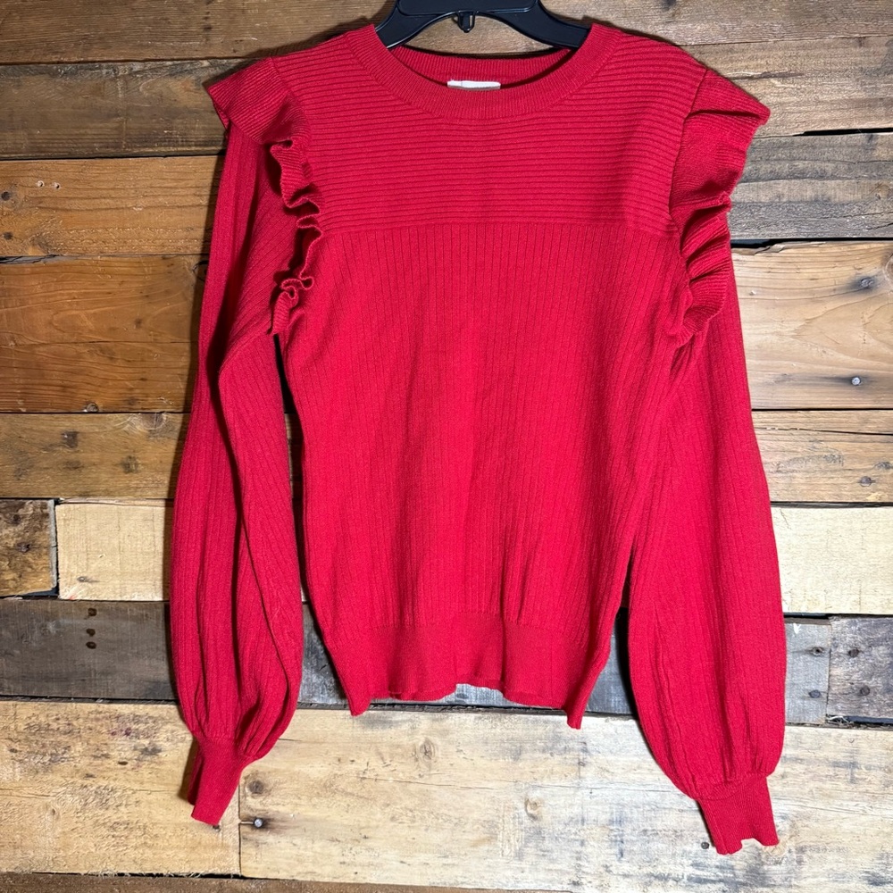 Red Ruffle-Shoulder Knit Sweater - Women's